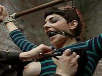 Gagged lesbian gets big tits bound