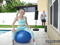 Big tit blonde drains cock during workout